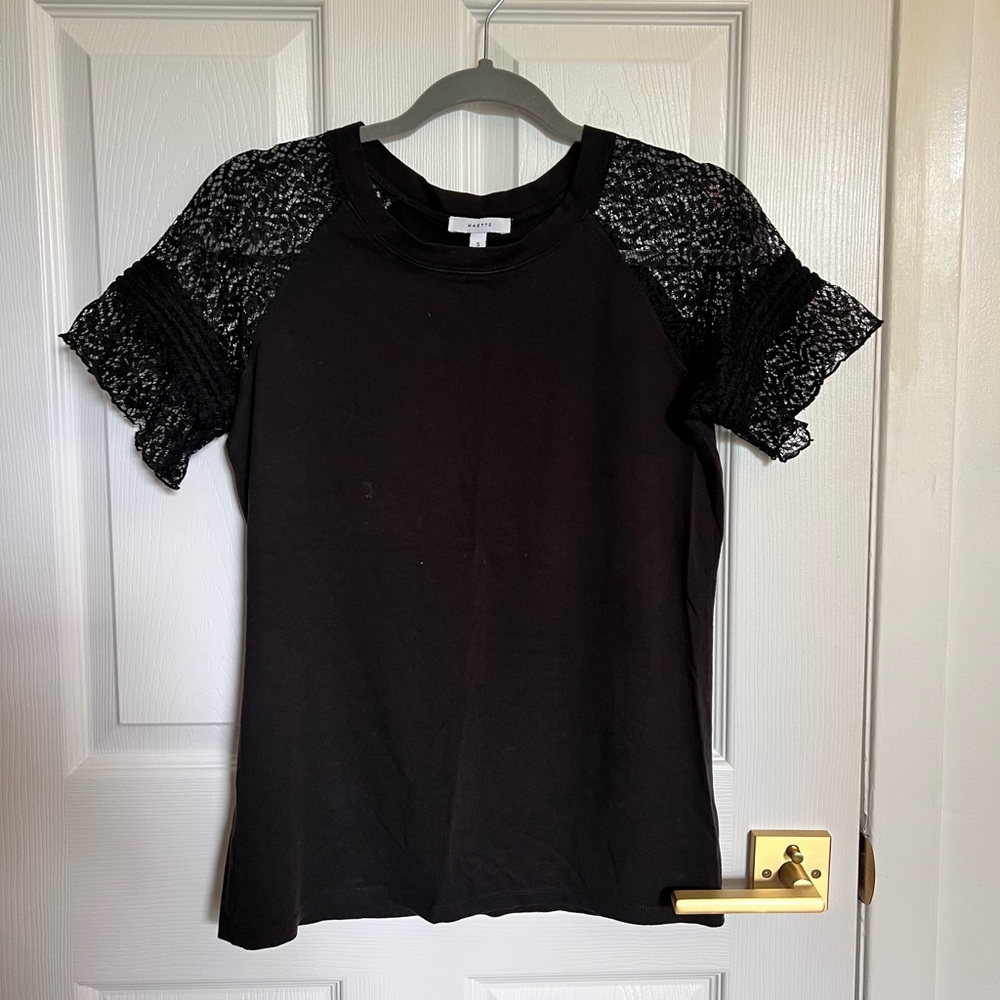 Stella & Dot Black Lace Sleeve Fitted T-Shirt
